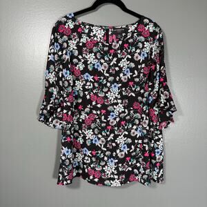 Liz Claiborne Women's Black Floral Flutter Sleeve Boho Top - Size PXL (Petite)
